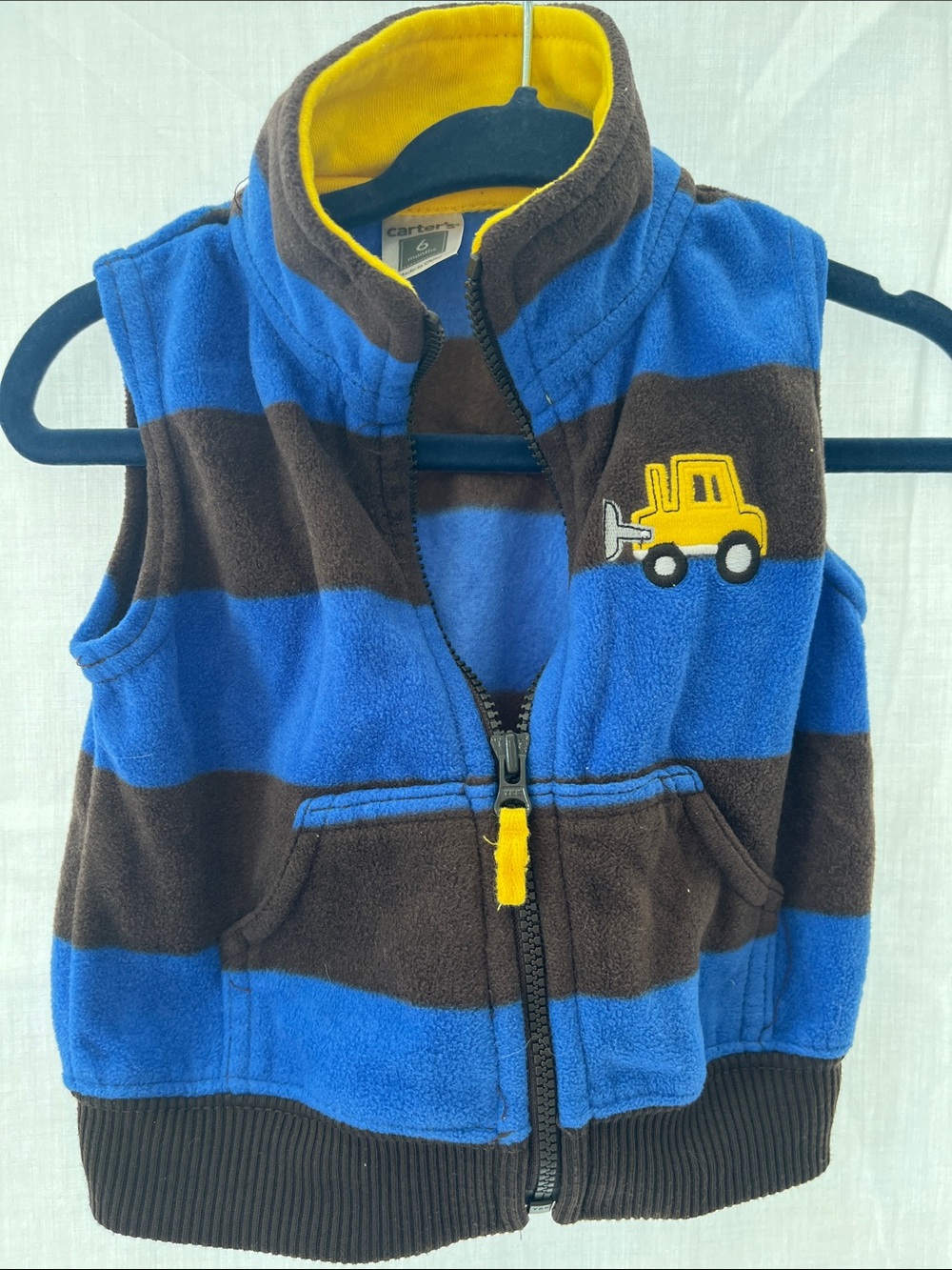 Carter's Blue and Brown Striped Fleece Vest with Yellow Truck Patch